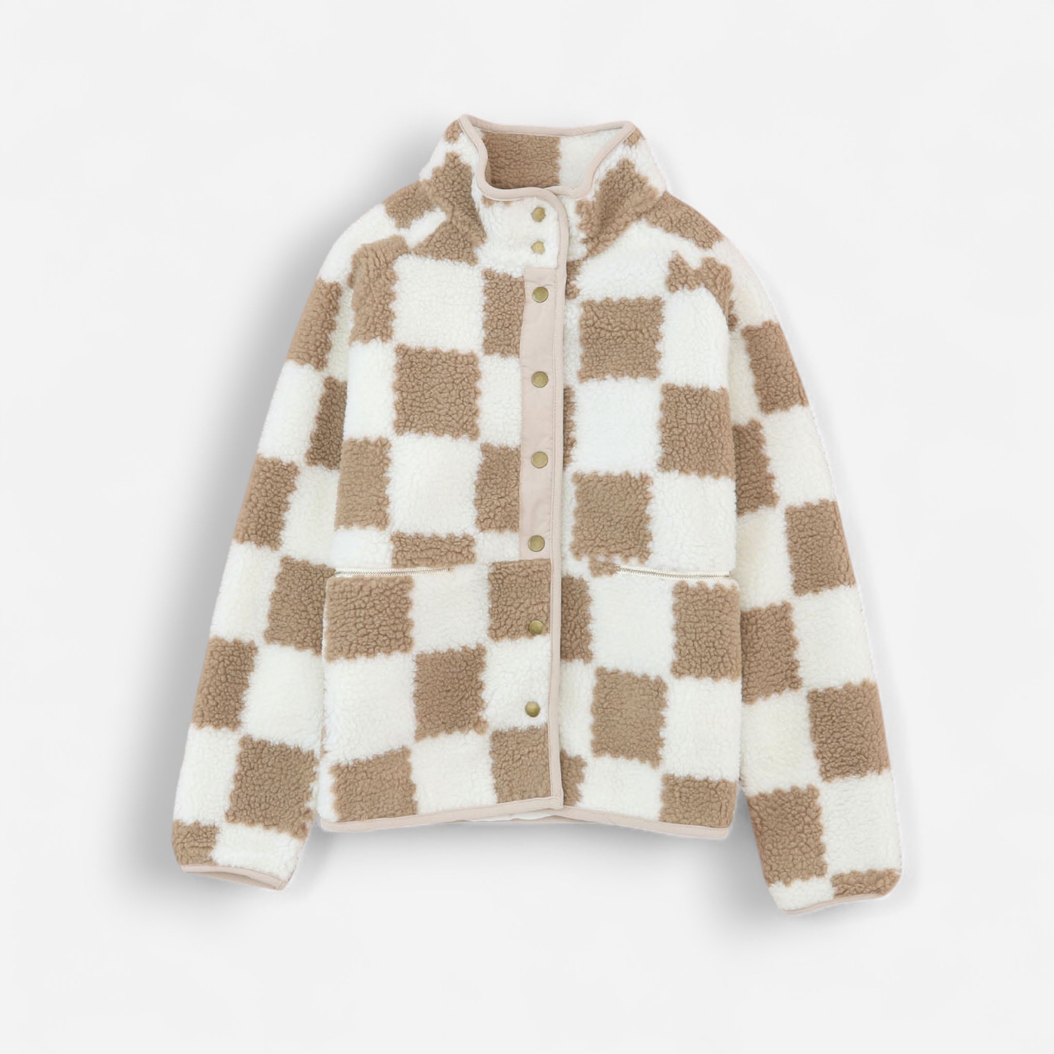 Kurze Fleece Jacke für Damen im Teddy-Look mit Stehkragen
