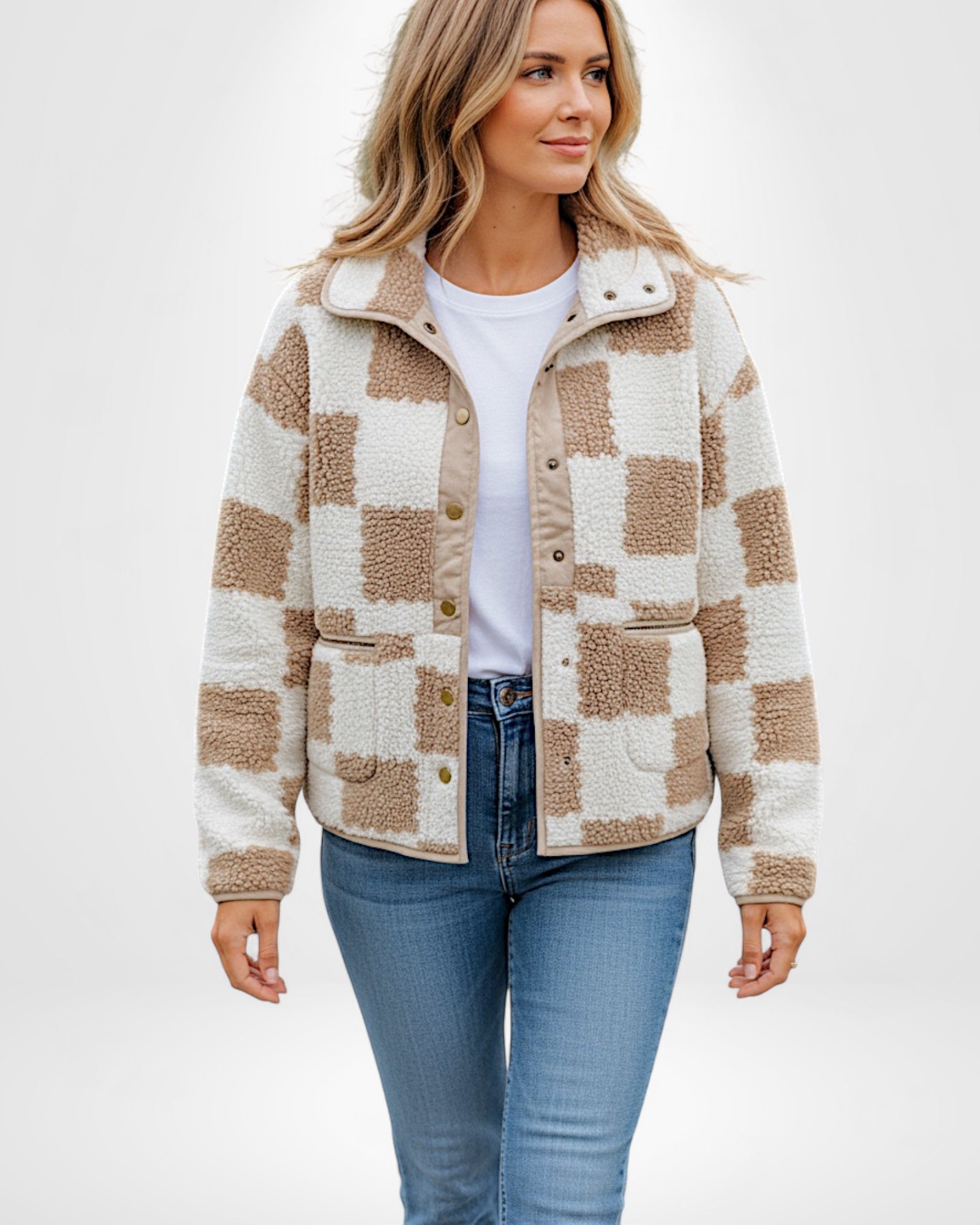 Kurze Fleece Jacke für Damen im Teddy-Look mit Stehkragen