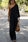 Greta | Damen One-Shoulder Maxikleid Lang Einfarbig Schlitz