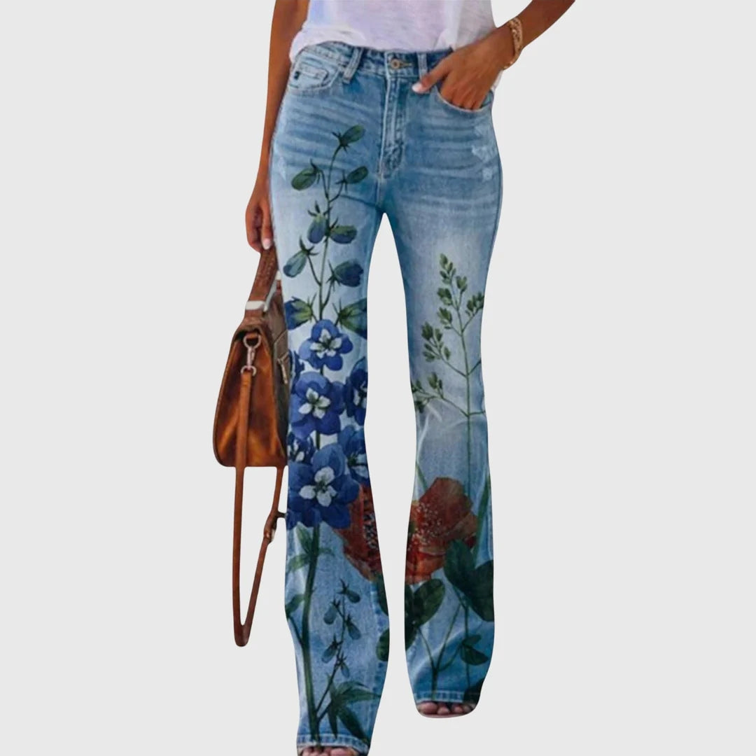 Damen Lässig Blumenmunster Enge Jeans Hose