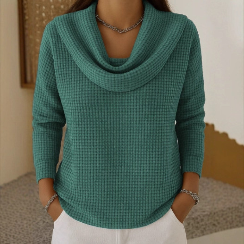 AMBER | WARMER WAFFELPULLOVER MIT ELEGANTEM WASSERFALLAUSSCHNITT