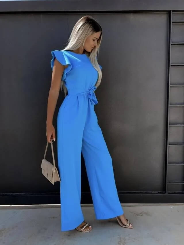 Pearl | Damen Jumpsuit Rüschenärmel Weites Bein Bindegürtel Elegant