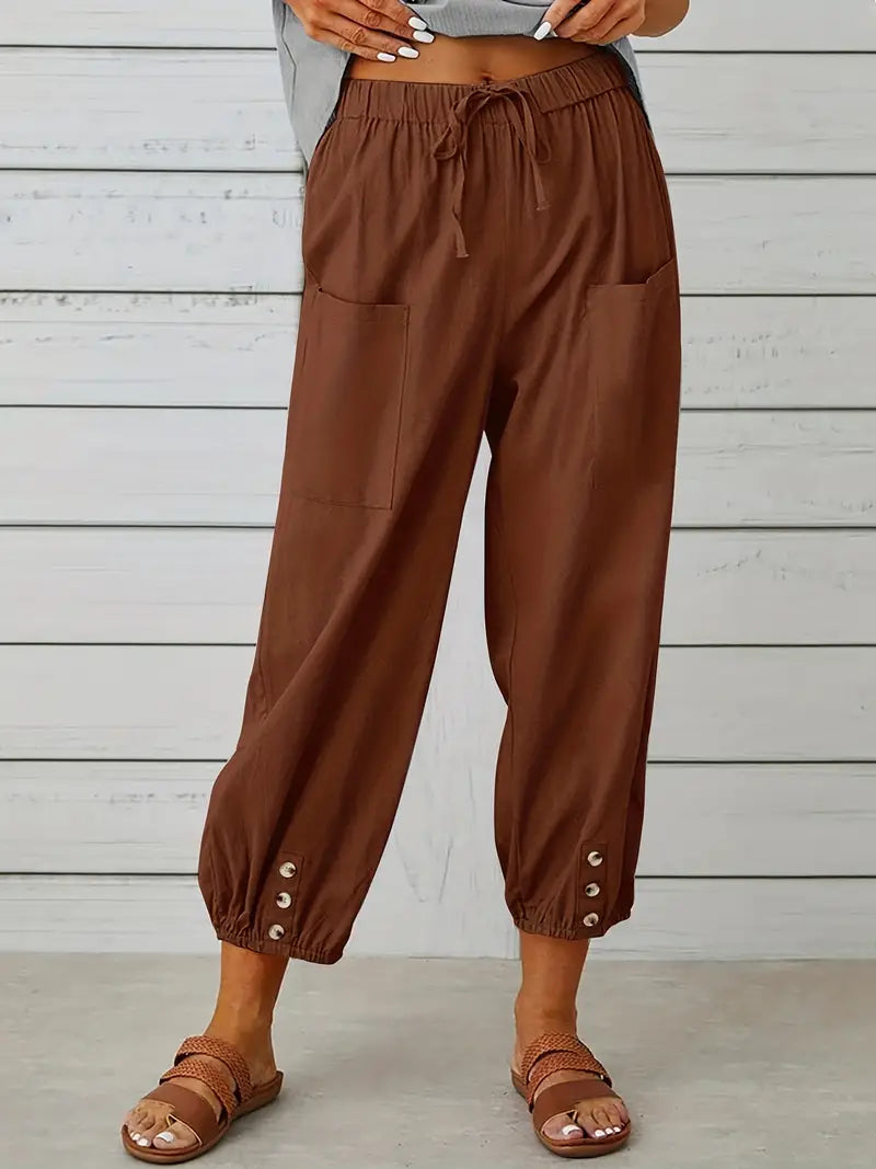 Damen Leichte Cropped Sommer Hose mit Kordelzug