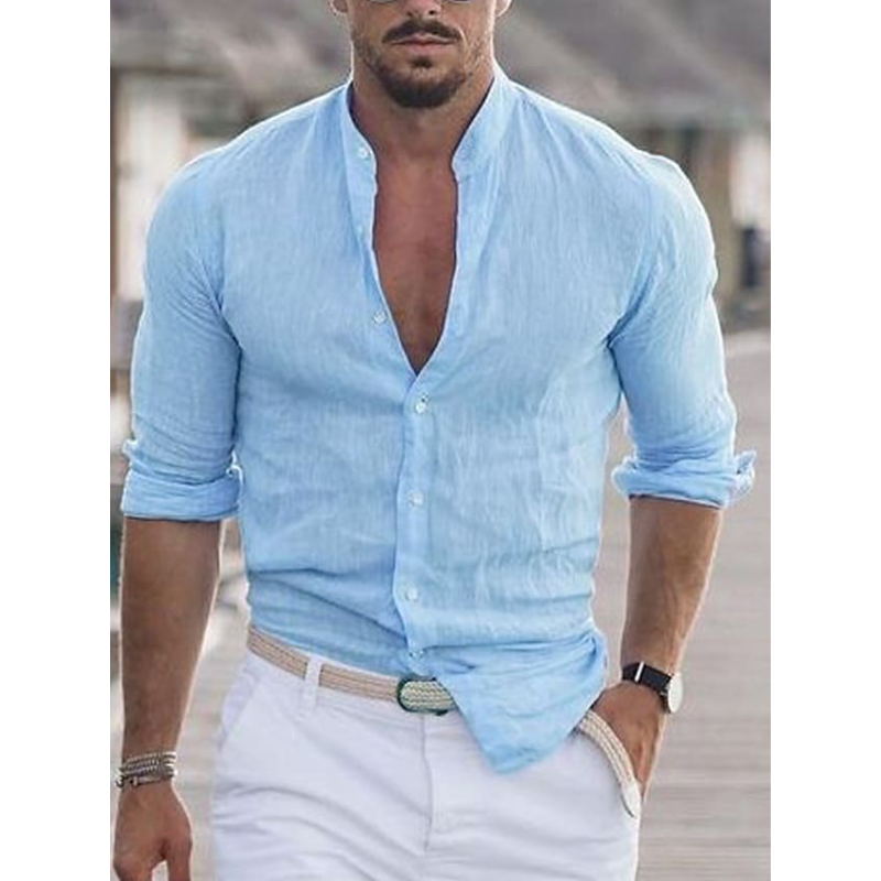 Herren Stehkragen Slim Fit Sommer Hemd