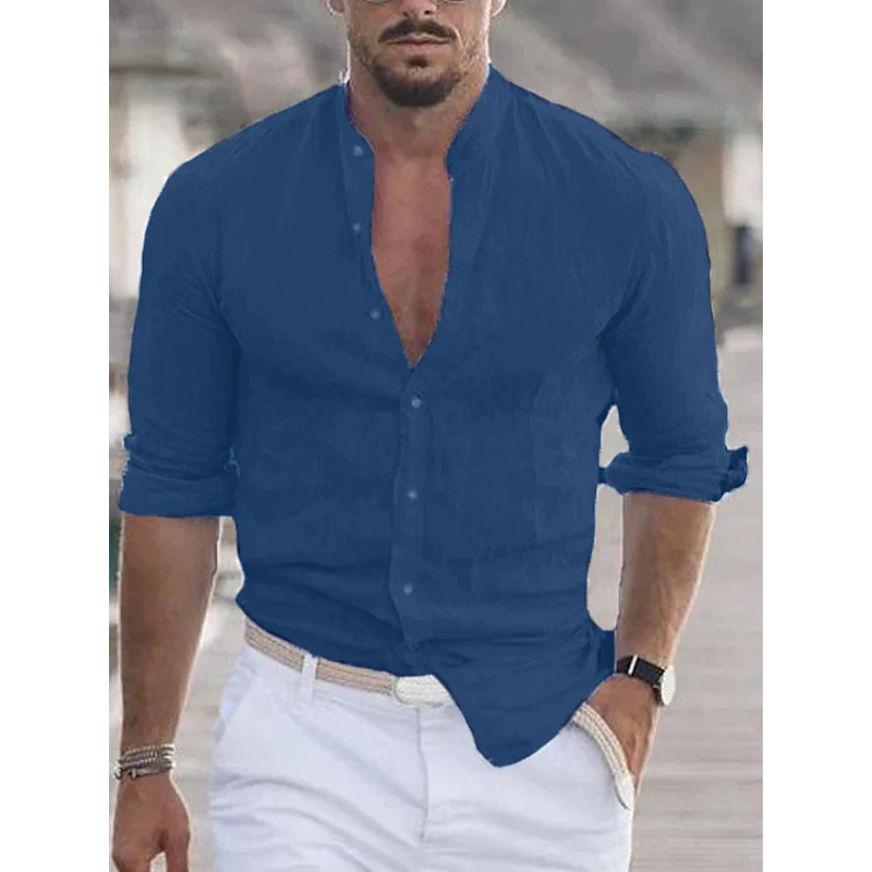 Herren Stehkragen Slim Fit Sommer Hemd