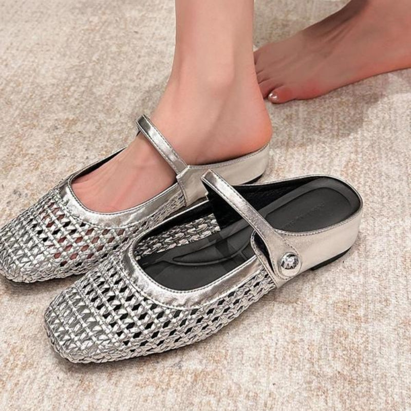Goldie | Damen Mules Flach Mary Jane Geflochten Metallic Slipper