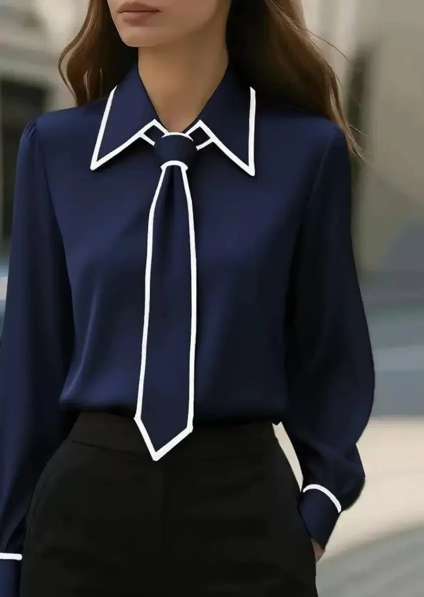 Cici | Damen Bluse Krawatte Kontrastpaspel Langarm Elegant