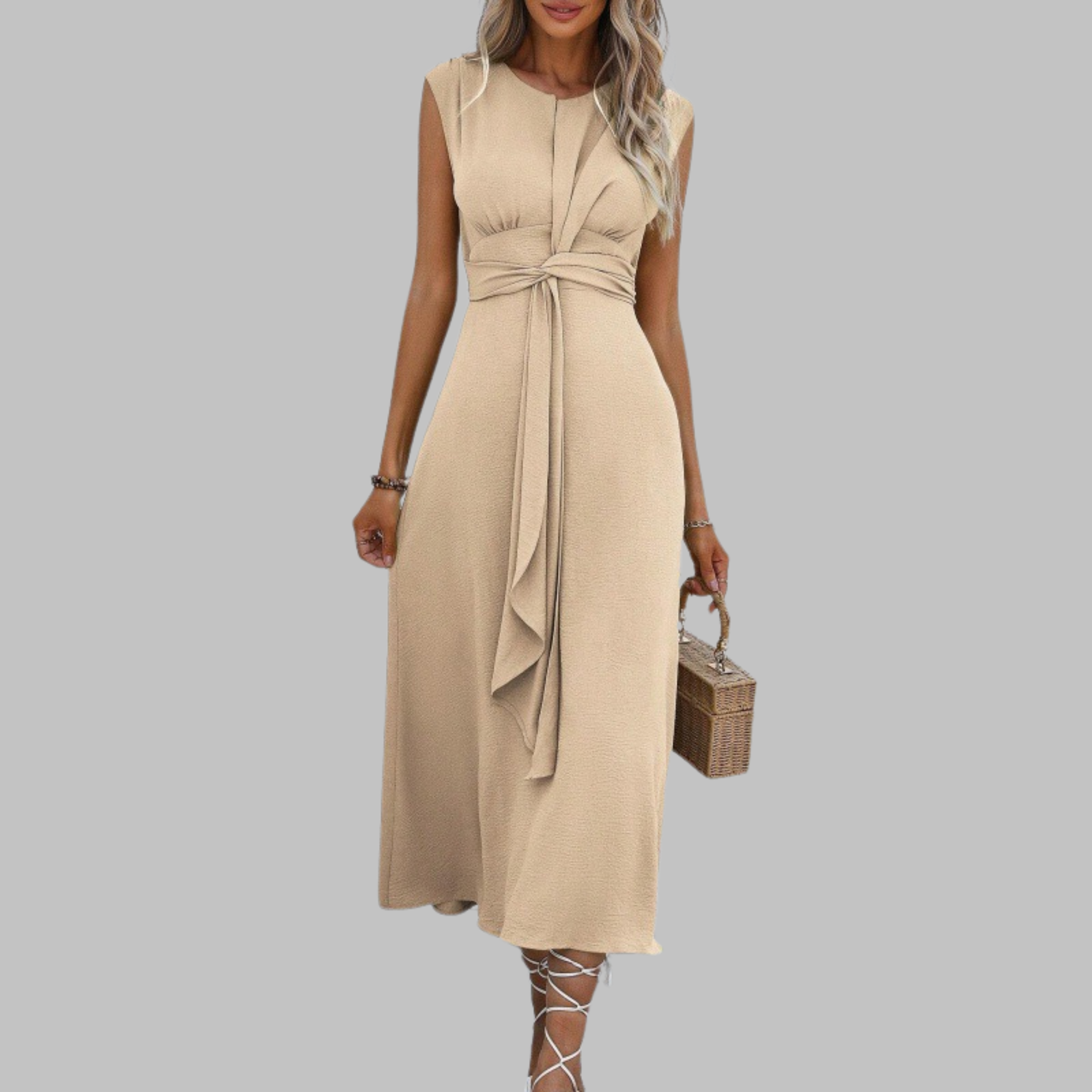 Valentina | Damen Midi-Kleid Ärmellos Bindegürtel Elegant