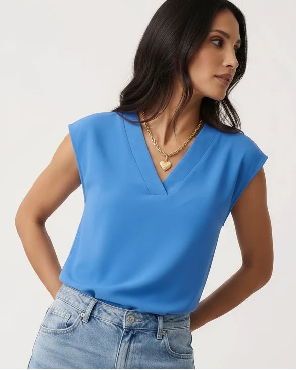 Blusentop für Damen mit V-Ausschnitt und kurzen Ärmeln in unifarbenem Design