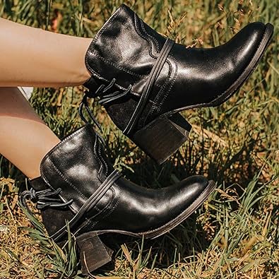 Maya | Damen Stiefelette Blockabsatz Fransen Leder Boho