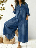 Denima | Damen Jeans Jumpsuit Langarm Knopfleiste Weites Bein Overall