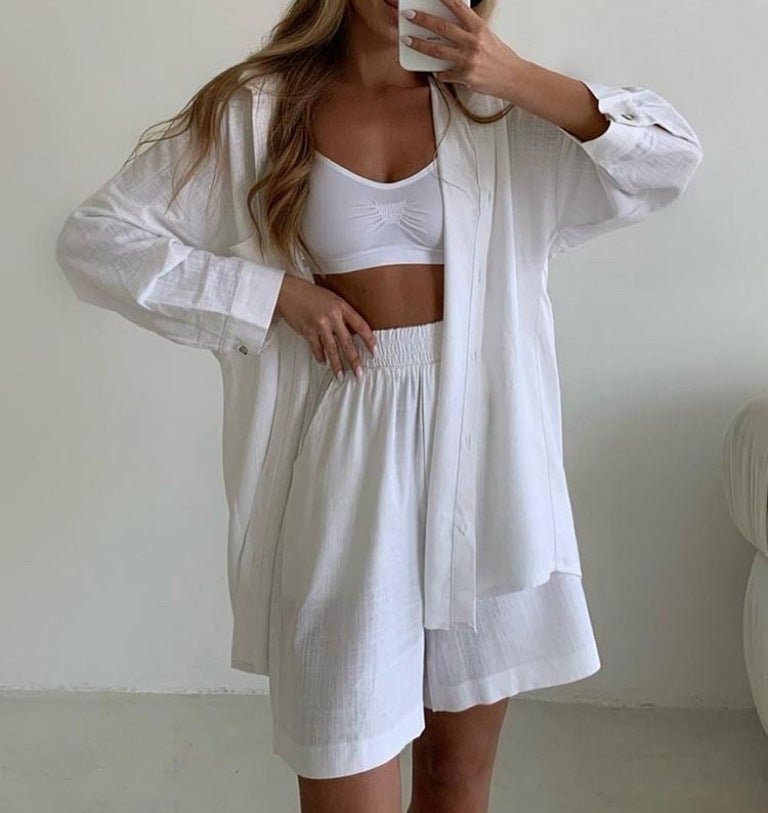 Damen Sommer Knopfleiste Zweiteiler Linen Set