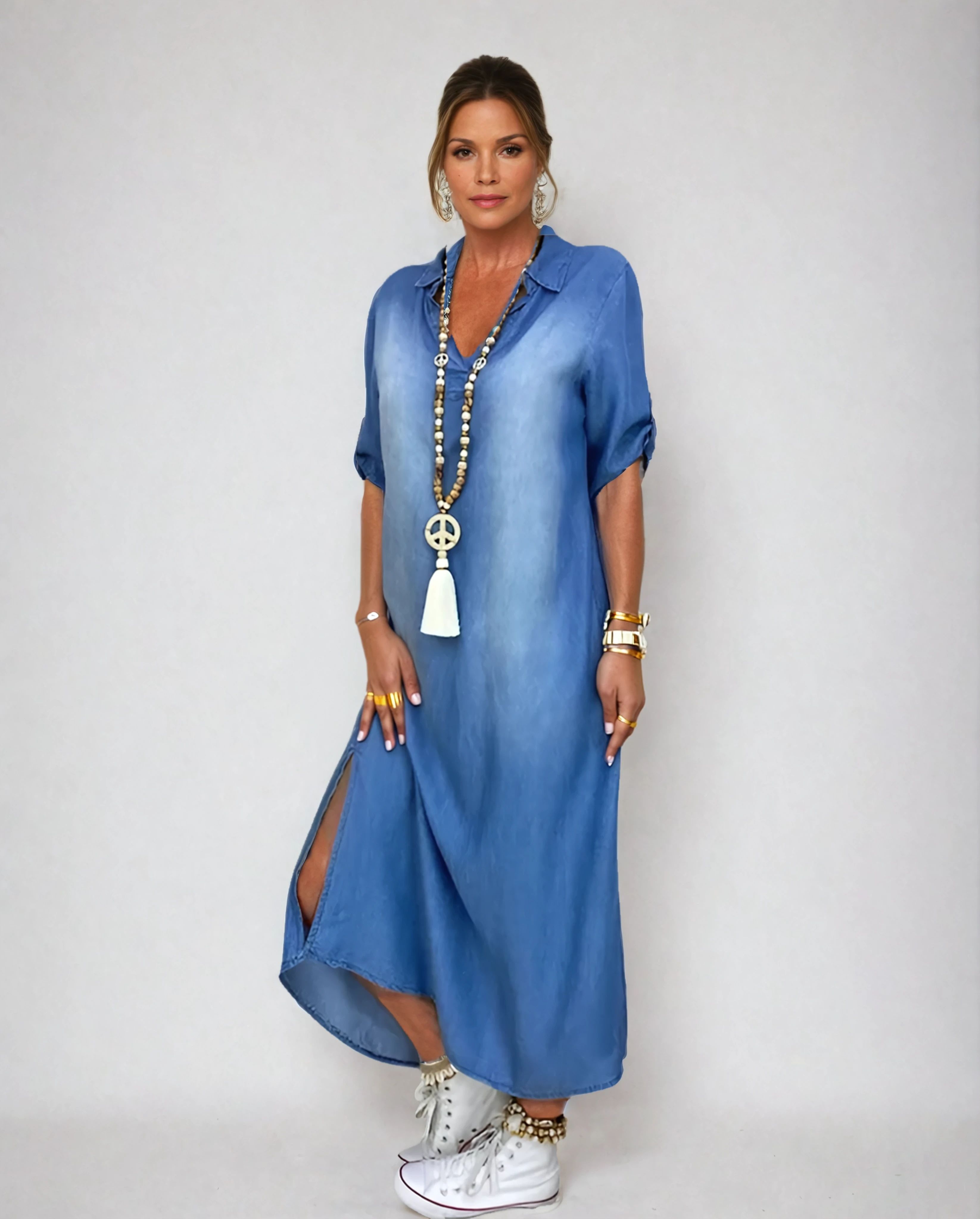 Andrea™ – Langes Kleid in Jeansoptik mit Seitenschlitz