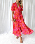 Lina | Damen Sommer Hochzeitsgast Maxikleid mit V-Ausschnitt und Puffärmeln