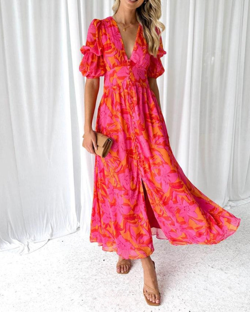 Lina | Damen Sommer Hochzeitsgast Maxikleid mit V-Ausschnitt und Puffärmeln