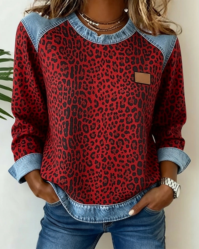 Damen Lässig Leopardenmuster Rundhals Pullover