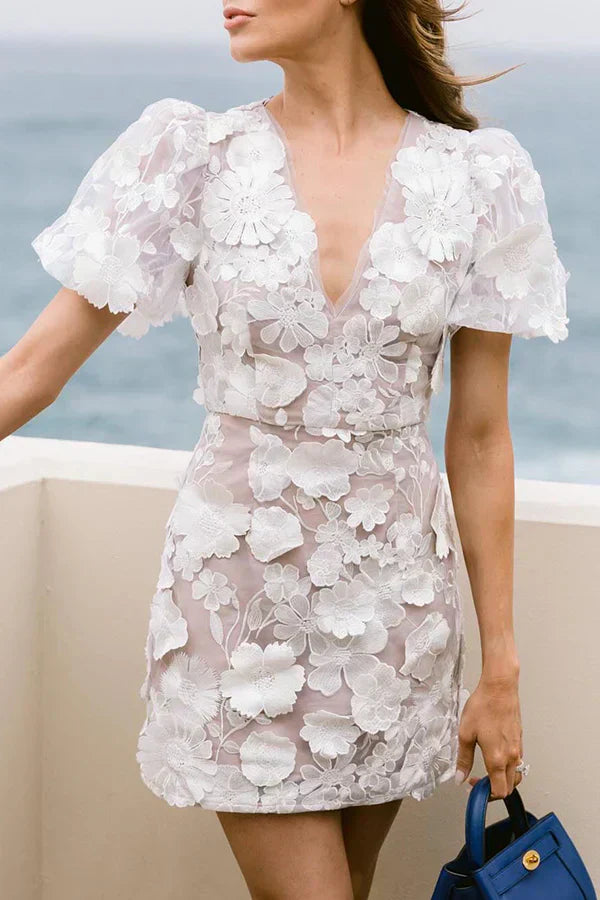 Damen Elegant Puffärmel Blumenmuster Minikleid