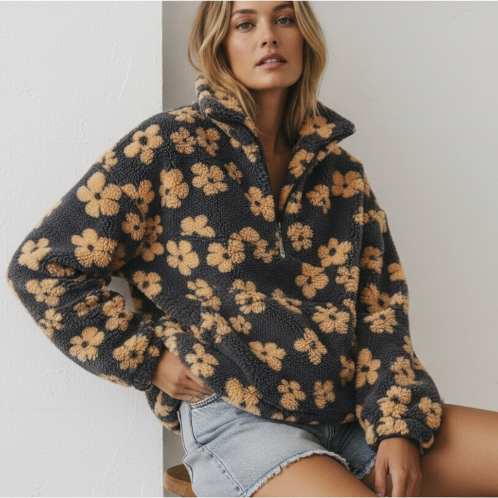 Bunter Oversize Teddy Pullover für Damen mit kurzem Reißverschluss und Stehkragen