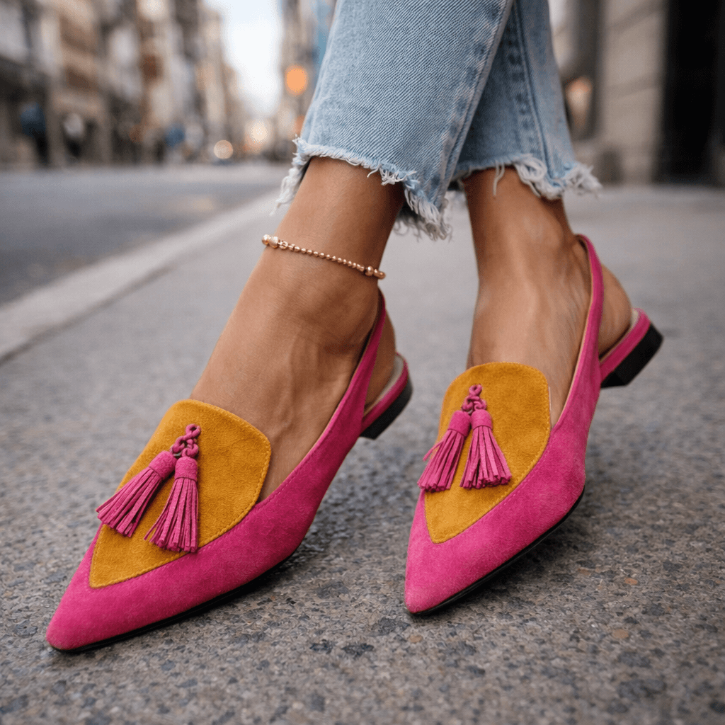 Nexoria - Elegante Bicolor-Damenmules mit trendigen Bommeln