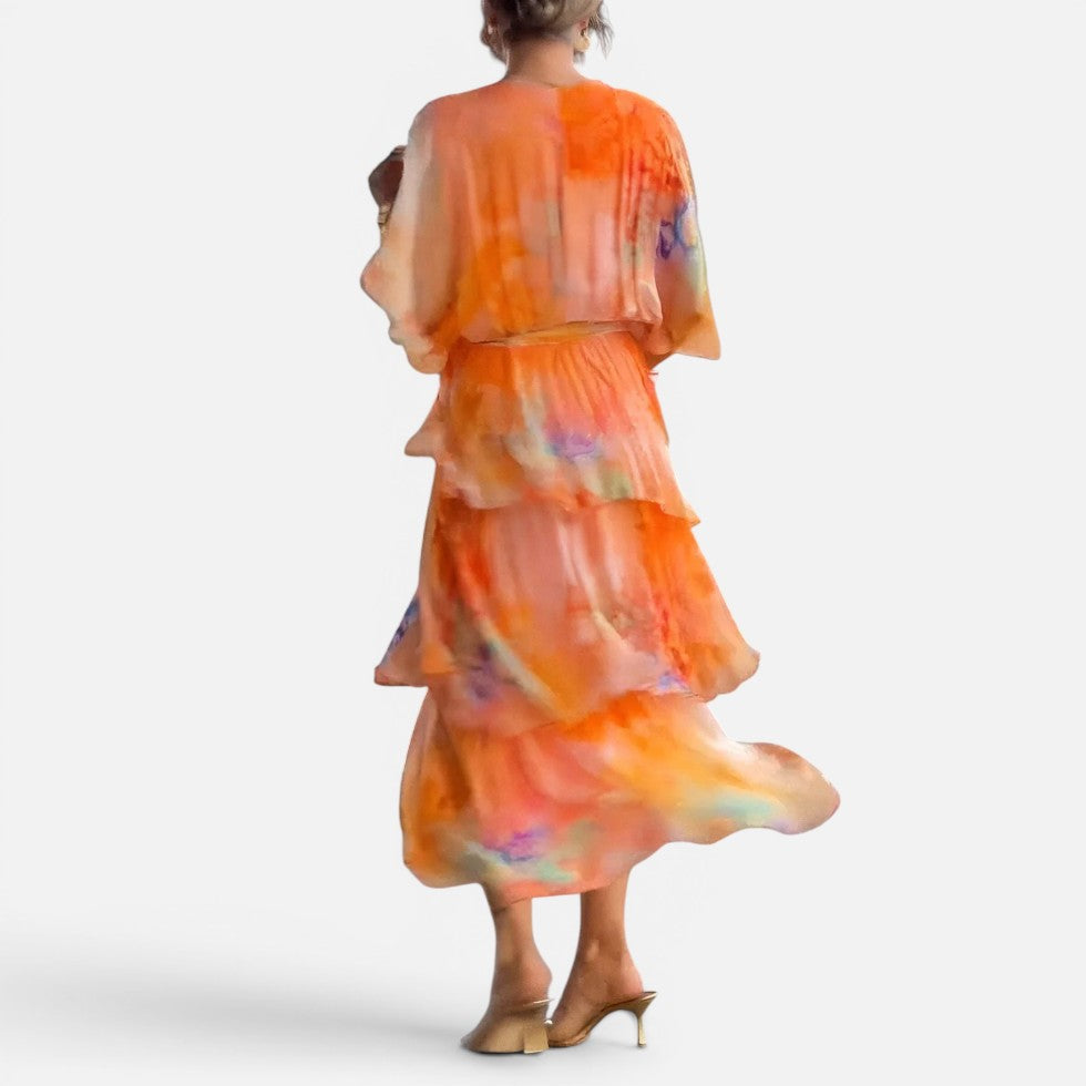Midikleid Volants V Ausschnitt Dreiviertelarm Gemustert