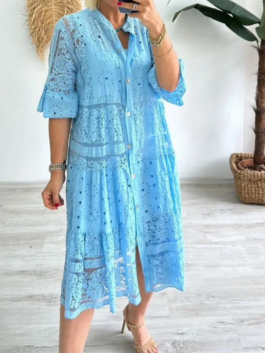 Emberly™ – Locker sitzendes Kleid mit Stickerei und Knopfleiste