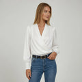 Damen Bluse mit Drapiertem V Ausschnitt und Elastischen Manschetten