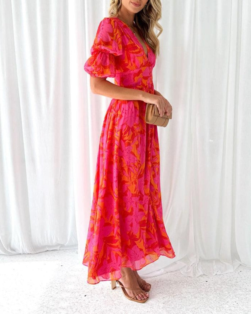 Lina | Damen Sommer Hochzeitsgast Maxikleid mit V-Ausschnitt und Puffärmeln
