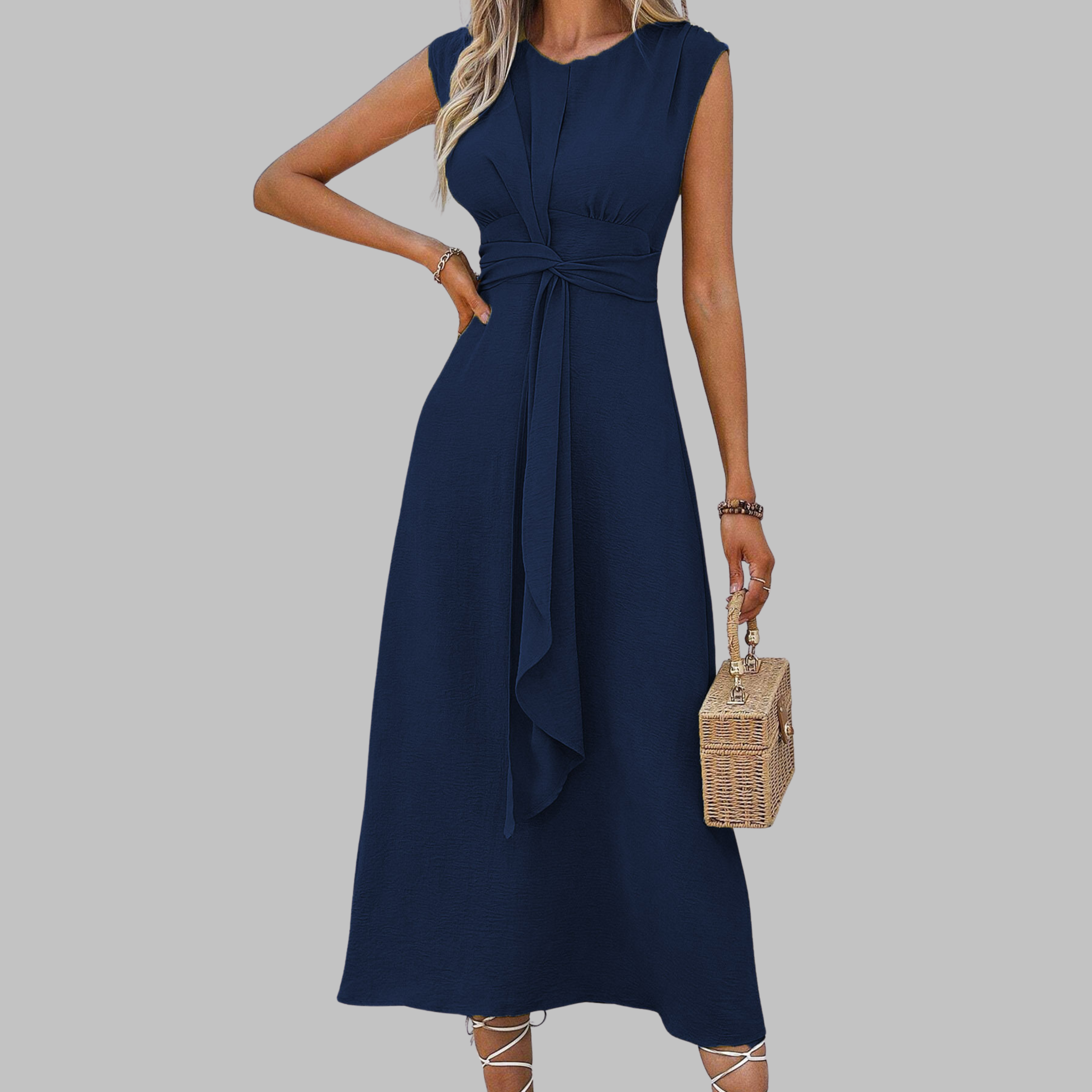 Valentina | Damen Midi-Kleid Ärmellos Bindegürtel Elegant