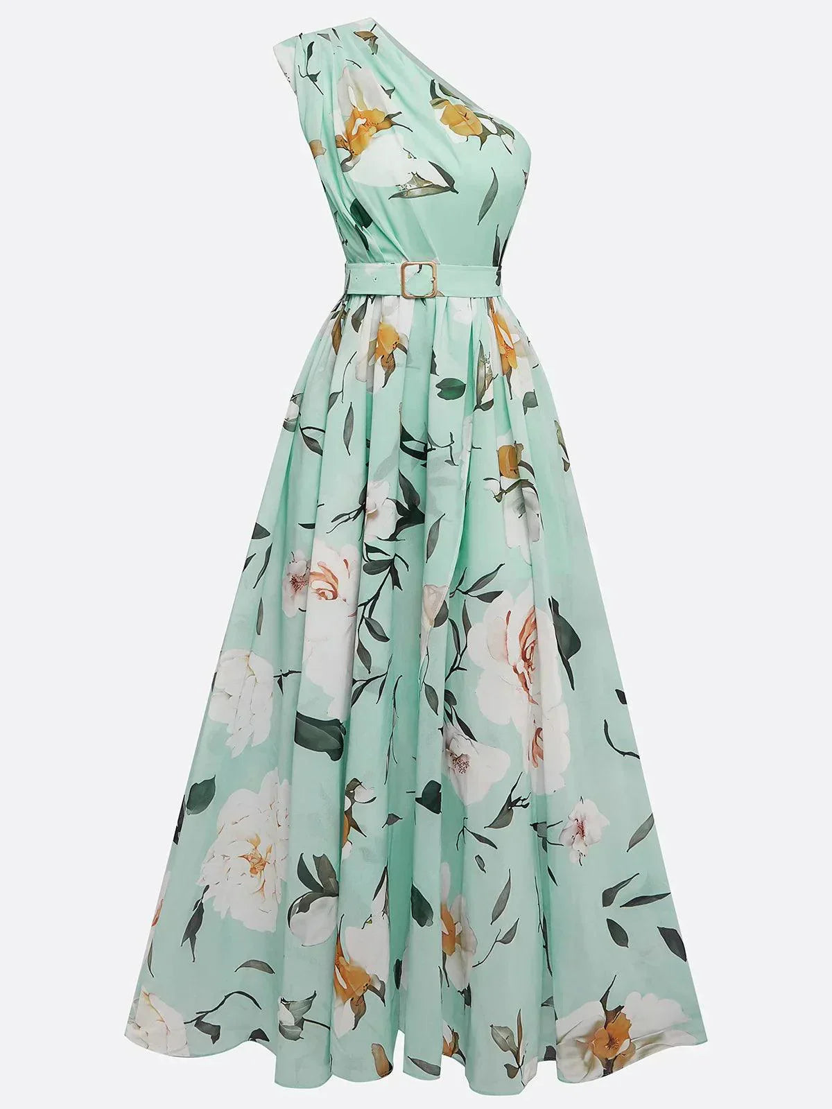 Julie | hellgrünes Blumenmuster-Chiffon-Maxikleid mit Ein-Schulter-Design