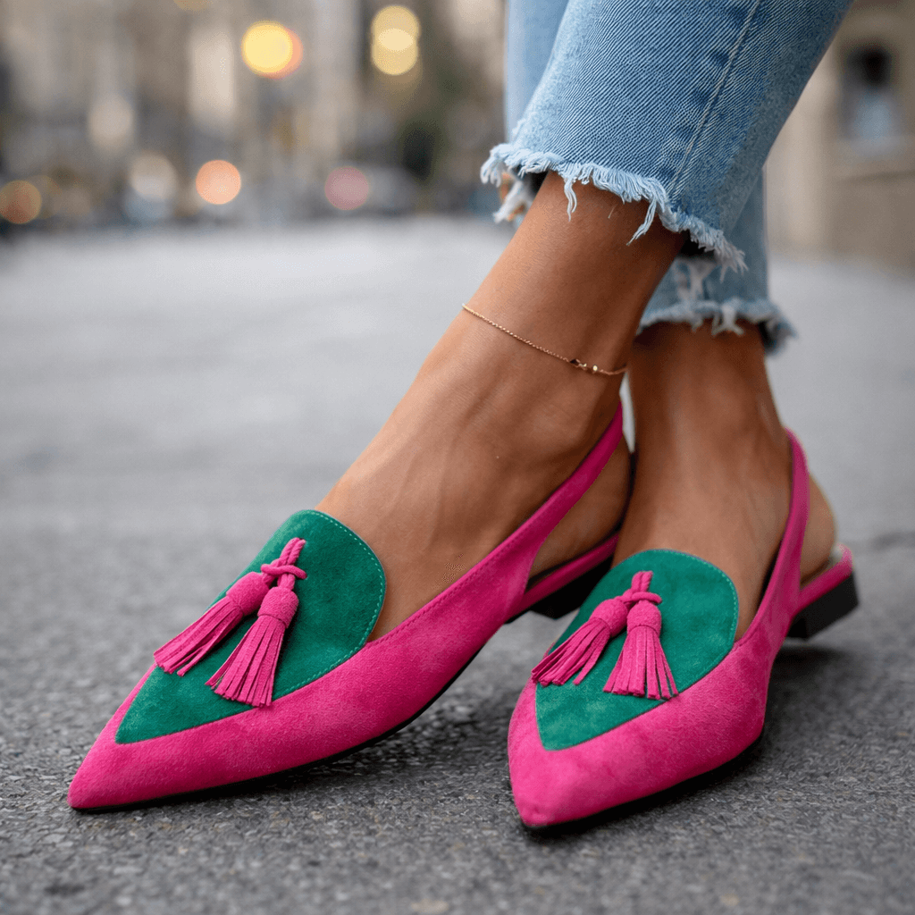 Nexoria - Elegante Bicolor-Damenmules mit trendigen Bommeln
