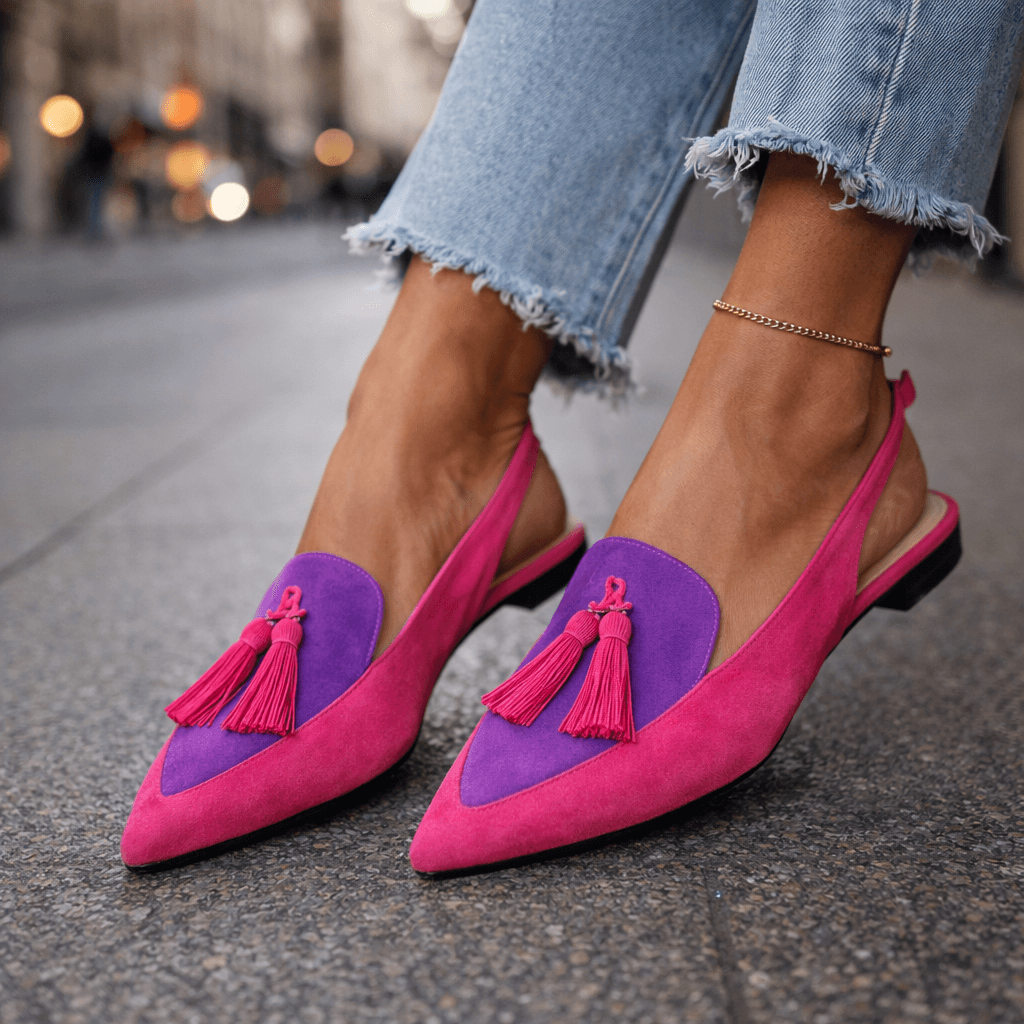 Nexoria - Elegante Bicolor-Damenmules mit trendigen Bommeln