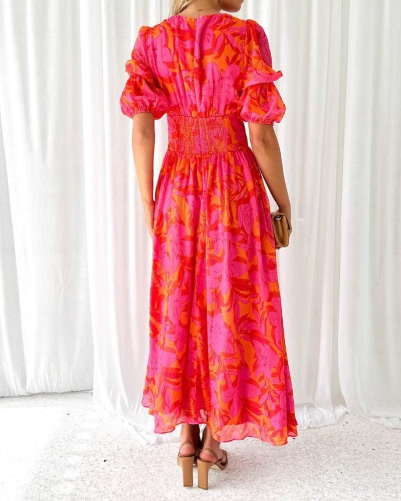 Lina | Damen Sommer Hochzeitsgast Maxikleid mit V-Ausschnitt und Puffärmeln