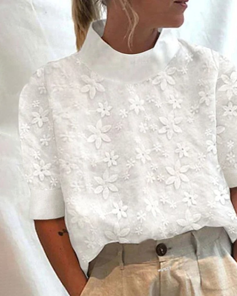 Charlotte | Bluse mit besticktem, einfarbigem Stehkragen
