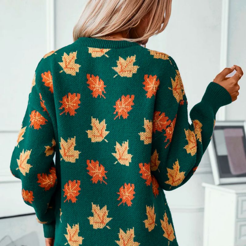 Pullover Damen | Blätter-Dessin & Rundhals-Ausschnitt