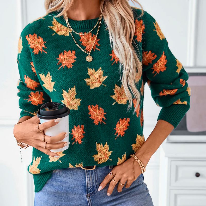 Pullover Damen | Blätter-Dessin & Rundhals-Ausschnitt