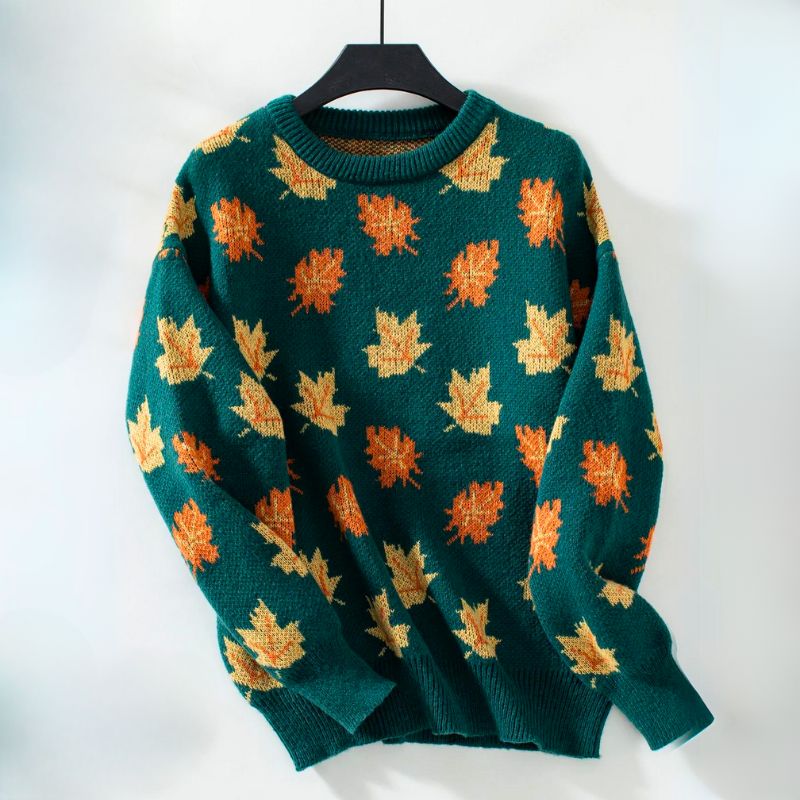Pullover Damen | Blätter-Dessin & Rundhals-Ausschnitt