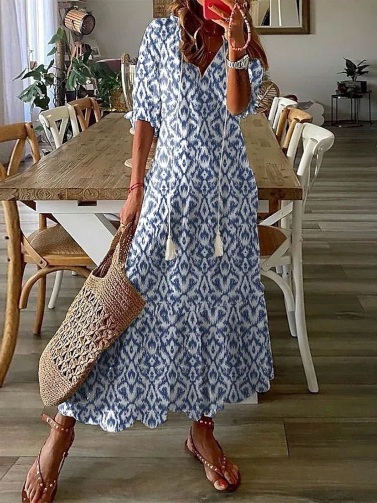 Sophie | Damen Boho Sommer Maxikleid mit V-Ausschnitt und Vintage-Muster
