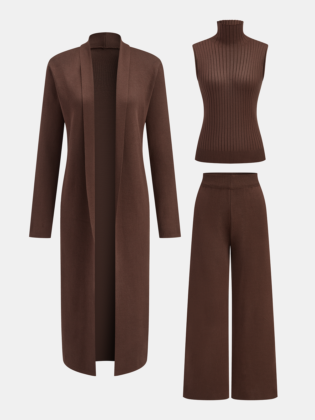 VERASSE™ | DREITEILIGES SET MIT GESTRICKTEM ROLLKRAGENPULLOVER, STRICKJACKE UND HOSE