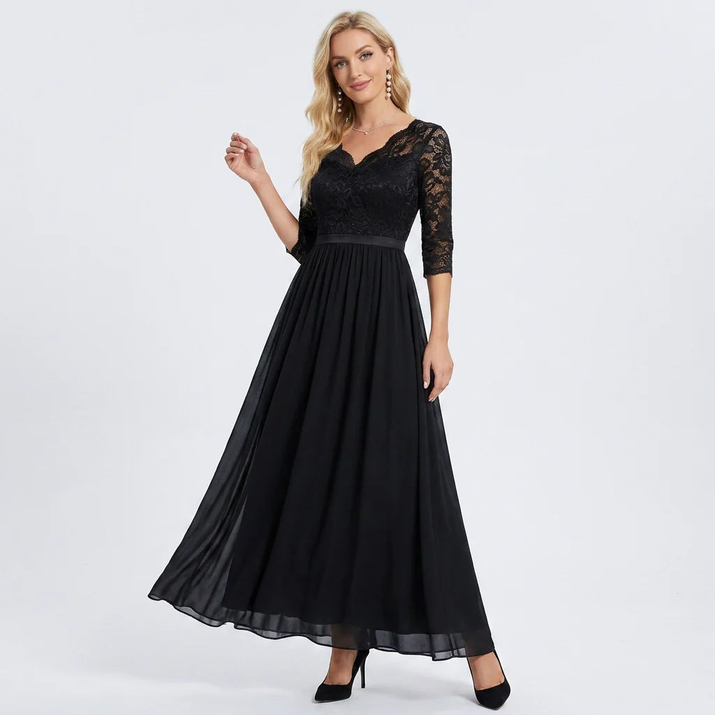 Langes Kleid für Damen aus Chiffon mit Spitze und 3/4 Ärmeln im Locker Fallenden Design