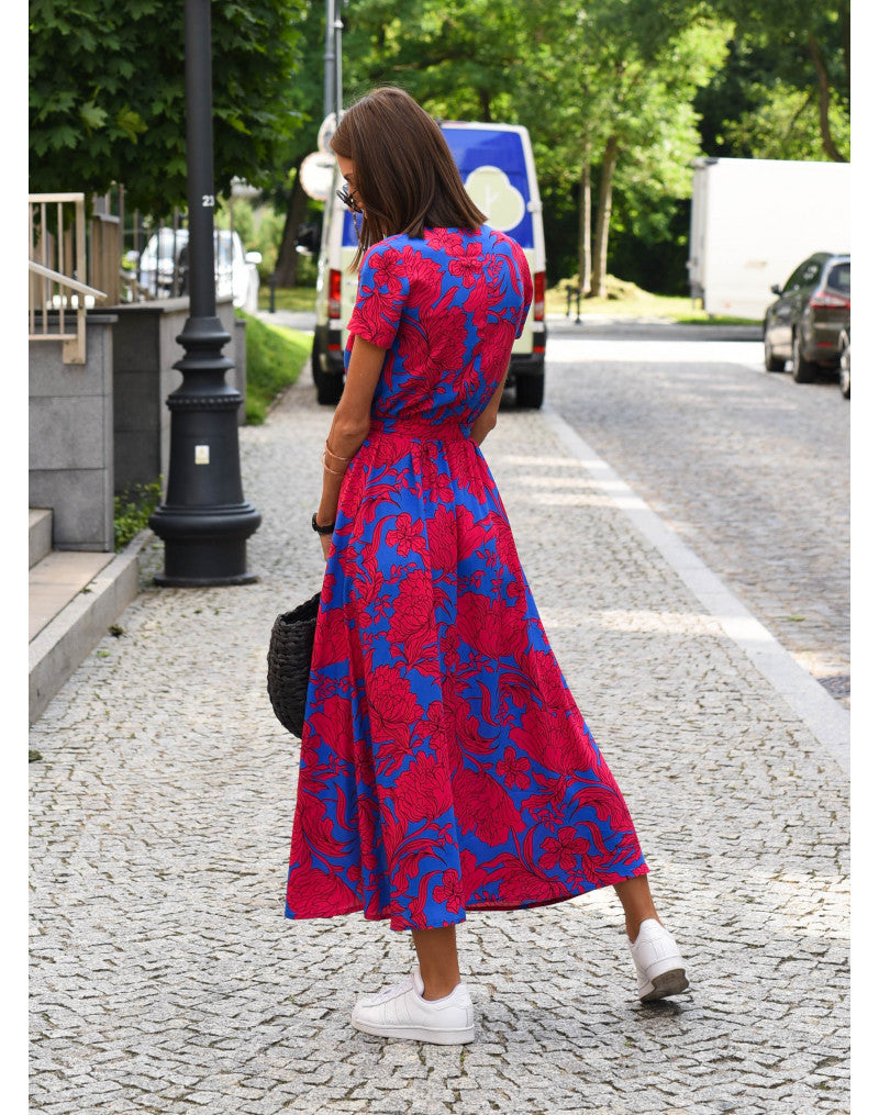 Maxikleid Damen | Blumendruck & Wickeloptik mit Bindegürtel