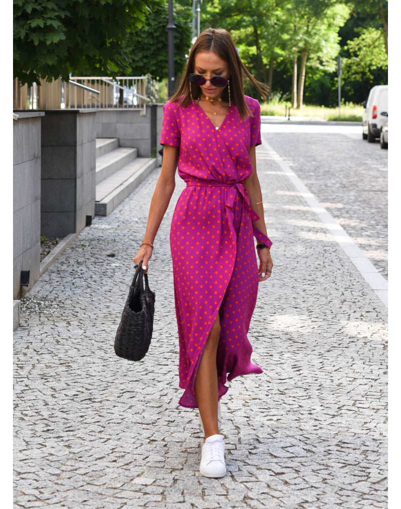 Maxikleid Damen | Blumendruck & Wickeloptik mit Bindegürtel
