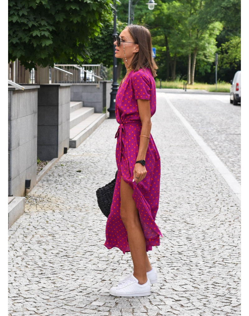 Maxikleid Damen | Blumendruck & Wickeloptik mit Bindegürtel