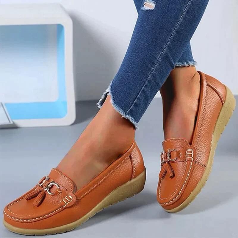 Bella | Damen Leder Loafer Flach Komfort Quaste Slipper