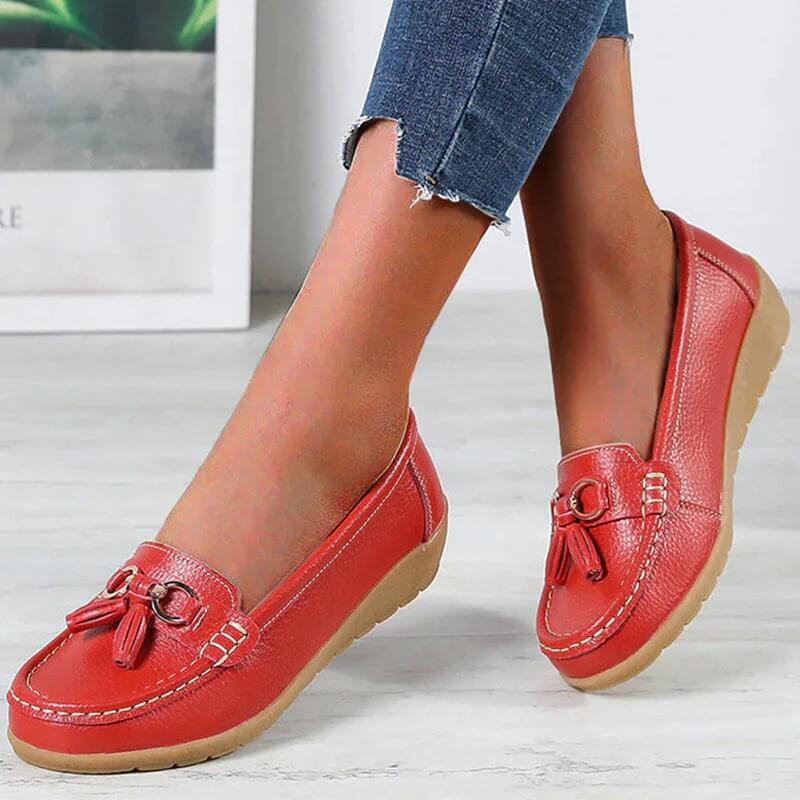 Bella | Damen Leder Loafer Flach Komfort Quaste Slipper