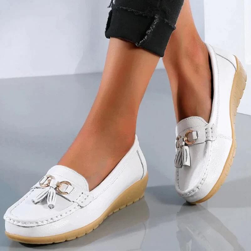 Bella | Damen Leder Loafer Flach Komfort Quaste Slipper