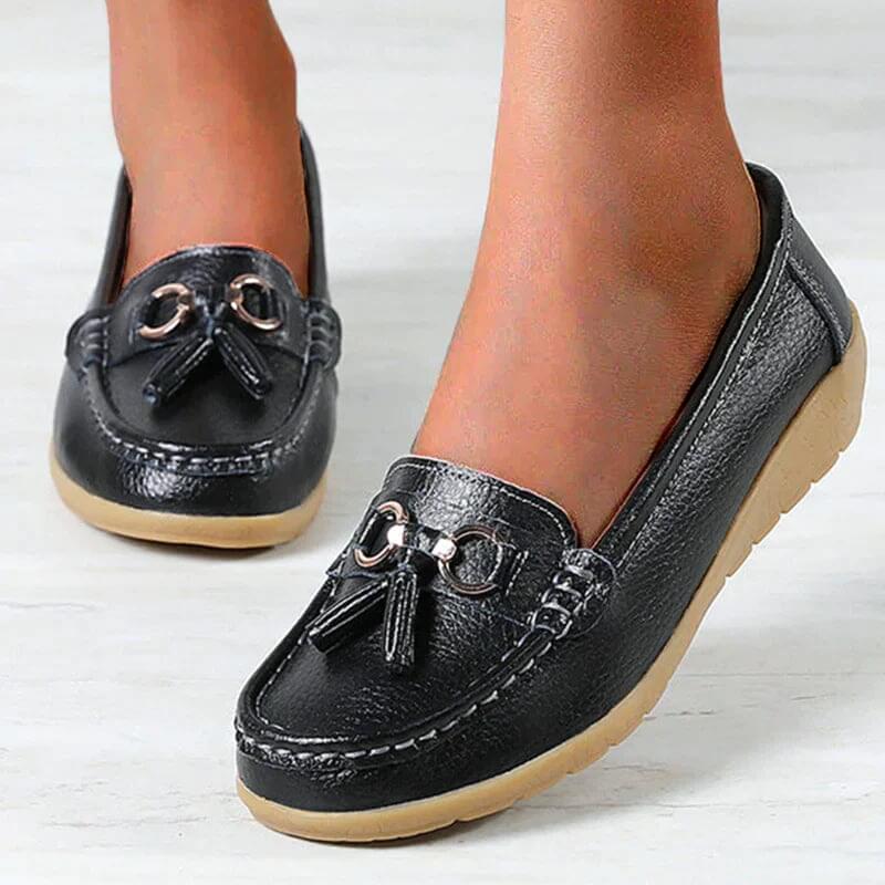 Bella | Damen Leder Loafer Flach Komfort Quaste Slipper