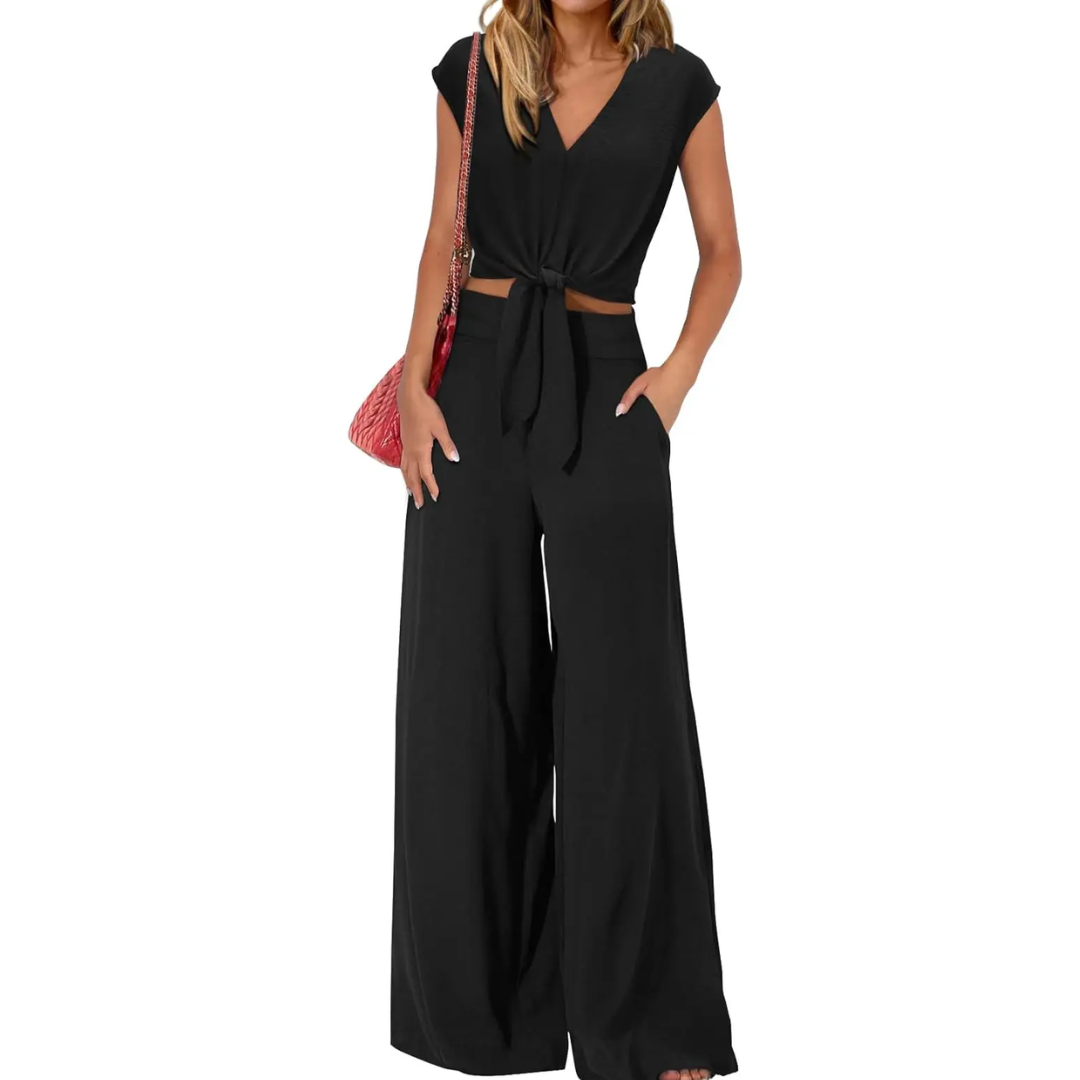 Miriam | Damen Crop Top Hose Set – Knoten Crop Top V-Ausschnitt Weite Hose Matching Set 2026