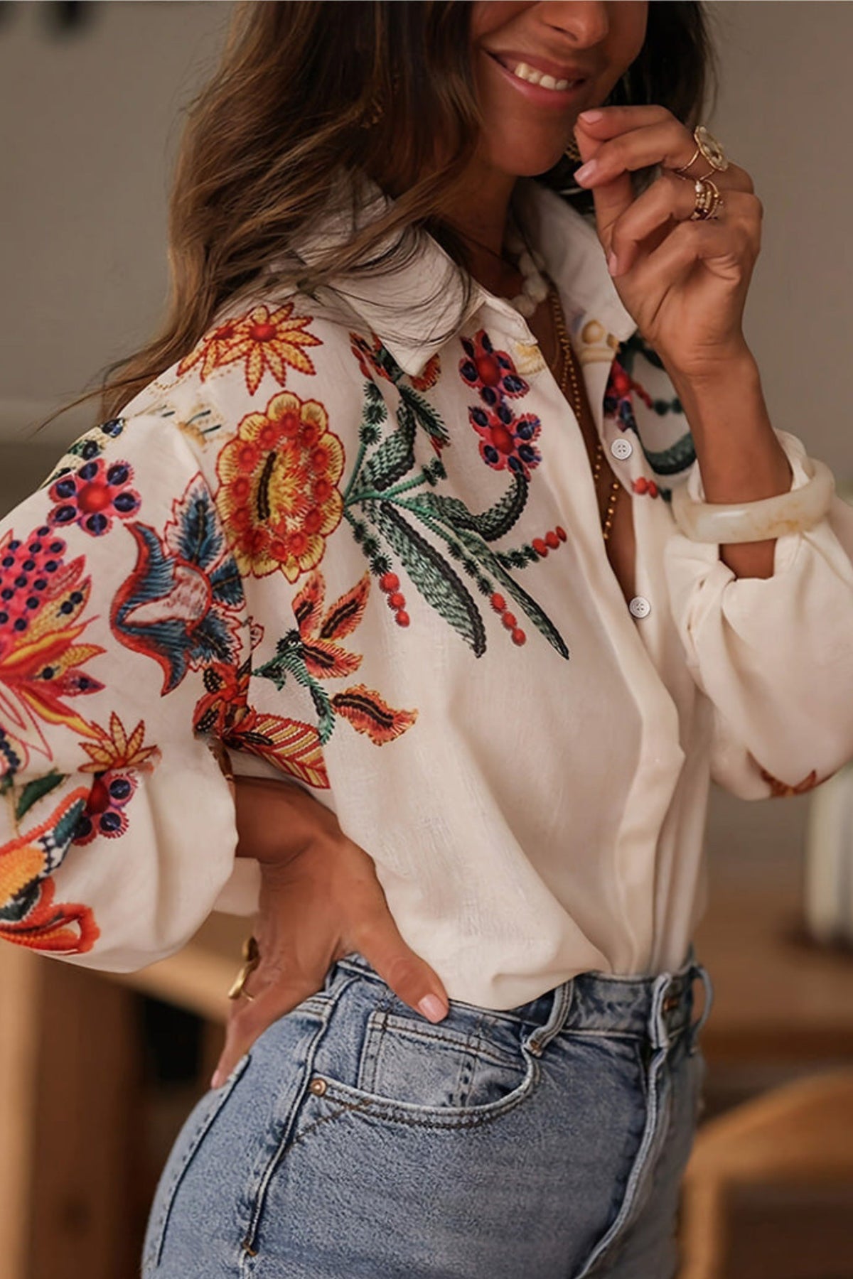 Blumen Bluse Damen | Stickerei & Bohemian-Stil