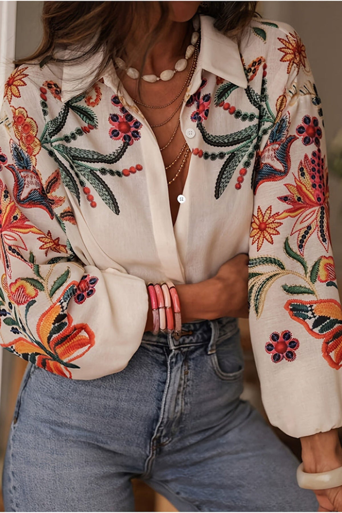 Blumen Bluse Damen | Stickerei & Bohemian-Stil