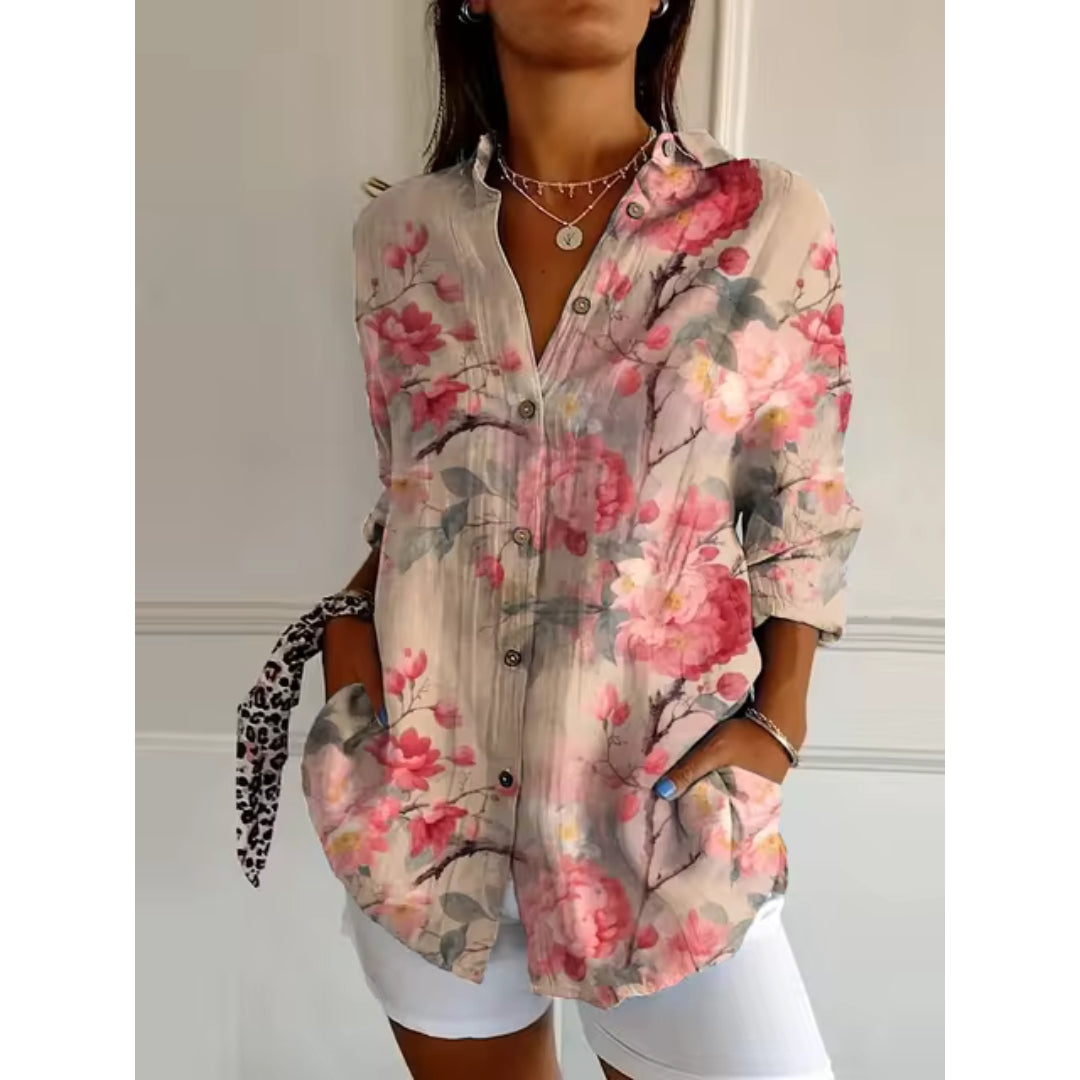 Blumenbluse mit Langen Ärmeln und Klassischem Kragen – Elegante Damenbluse für Jeden Anlass